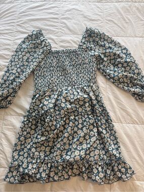 Pink Lily Blue Floral Smocked Dress with Puff Sleeves- never worn